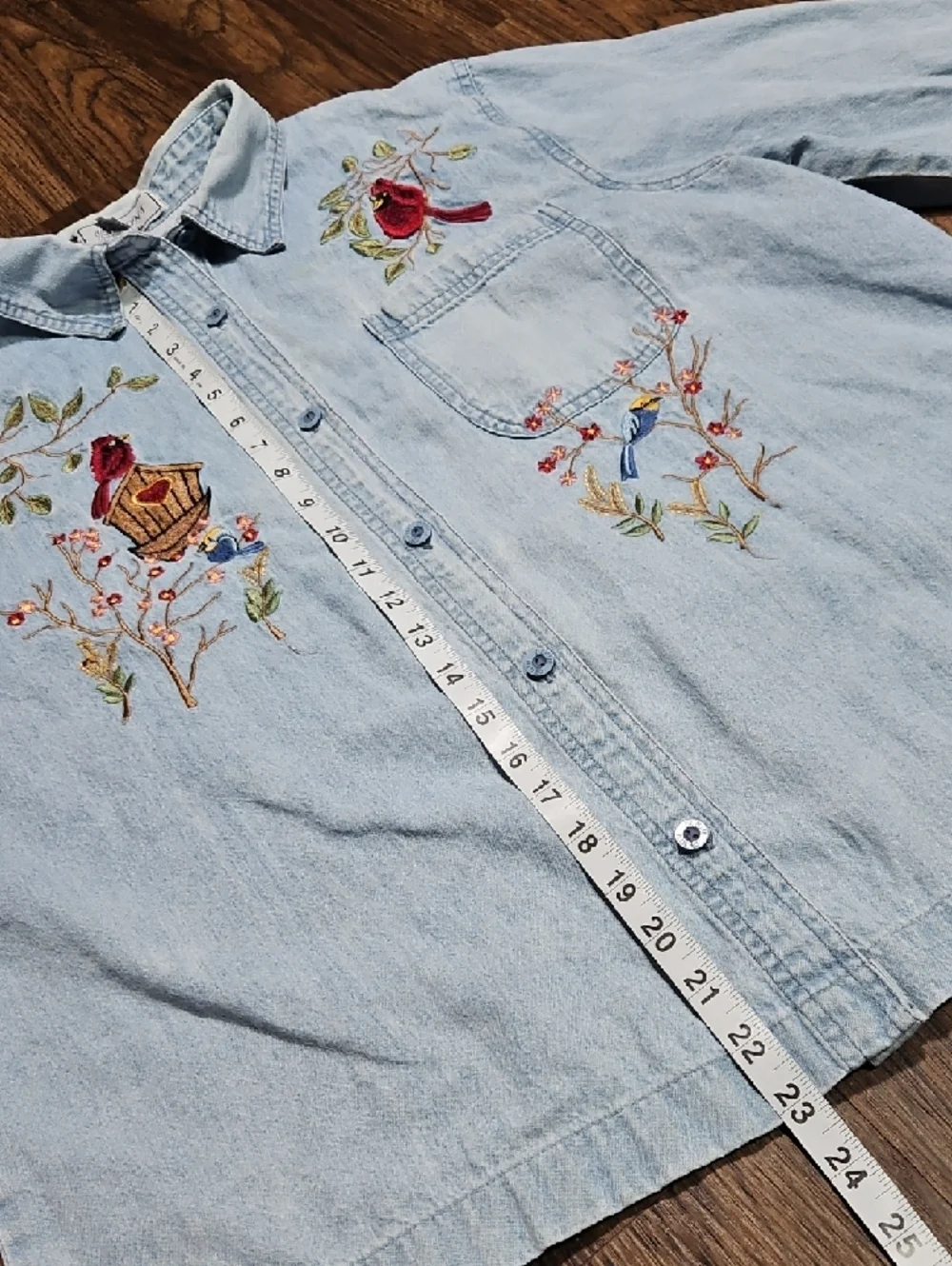 Vintage Light Wash Denim Button-Down Shirt with Cardinal Embroidery, Size Large - Picture 9 of 13